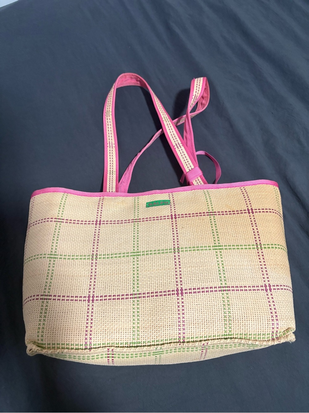 Ralph Lauren Beige Woven Tote with Pink Trim and Green Accents